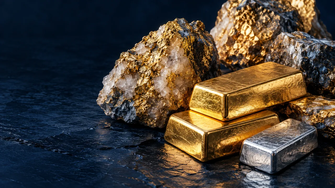 Gold bars and metallic mineral specimens on dark stone