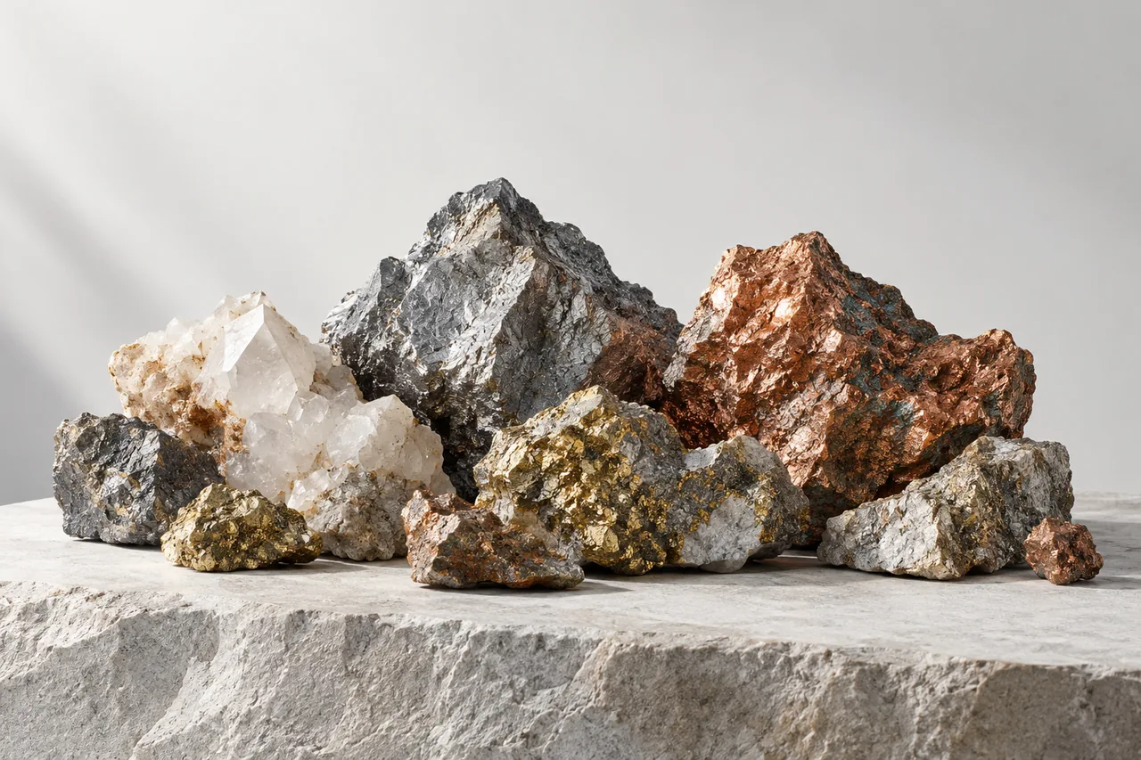 A sculptural arrangement of metallic mineral specimens